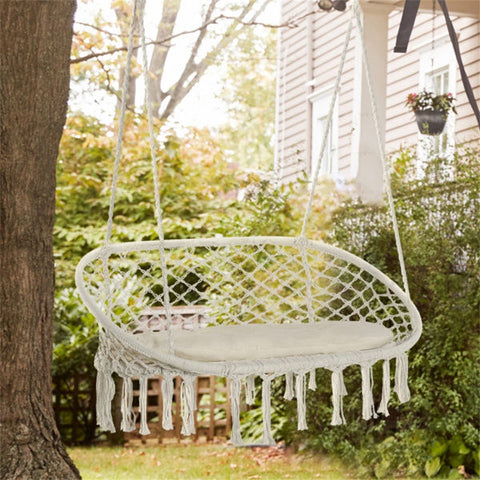 Two-Seater Hanging Macrame Hammock Chair with Cushion