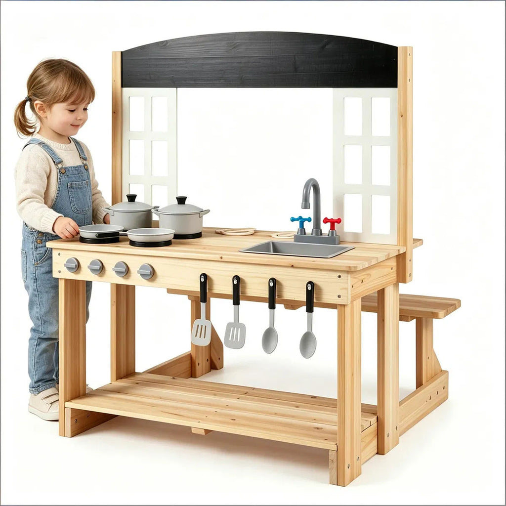 Kids Wooden Mud Kitchen Playset with Bench & Removable Sink