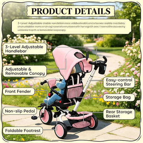 6-in-1 Convertible Kids Stroller Tricycle with Adjustable Push Handle