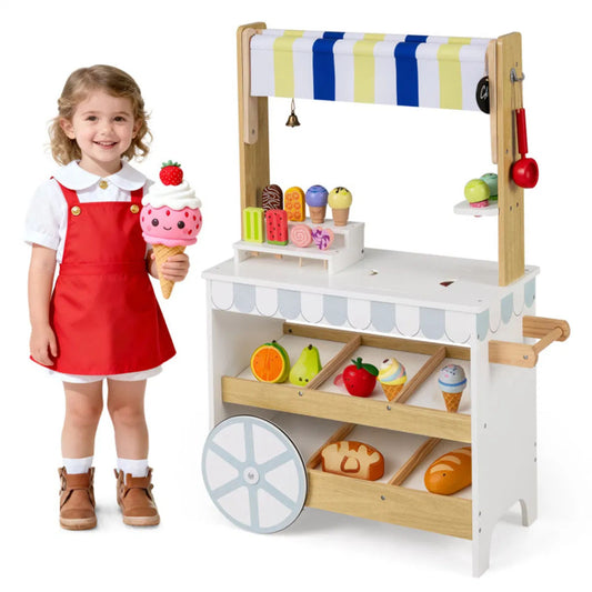 2-in-1 Wooden Grocery Store & Ice Cream Cart Playset