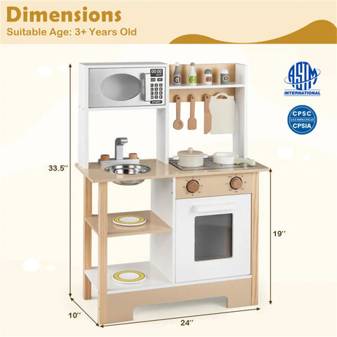 Kids Wooden Play Kitchen Set with 13 Accessories