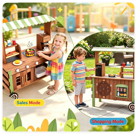 Toddler Wooden Play Food Truck Cart on Wheels