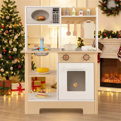 Kids Wooden Play Kitchen Set with 13 Accessories