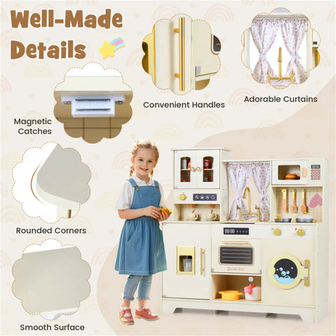 Wooden Kids Play Kitchen with Rotatable Faucet & 14 Accessories