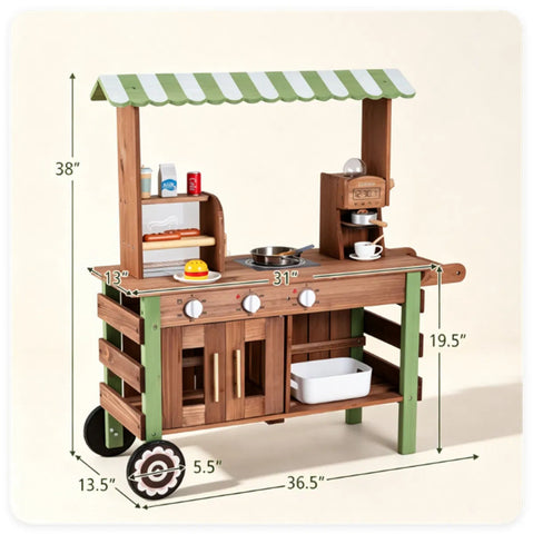Toddler Wooden Play Food Truck Cart on Wheels