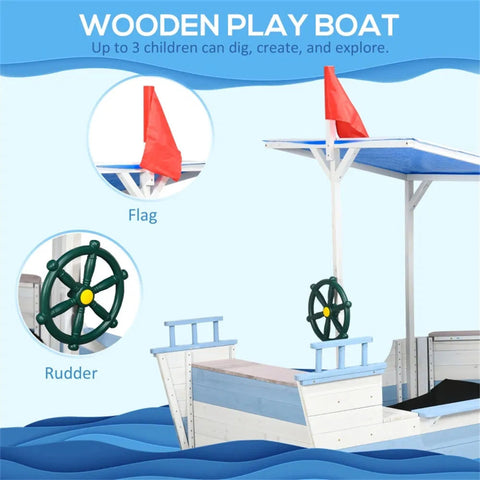 Kids Wooden Pirate Boat Sandbox with Canopy and Bench