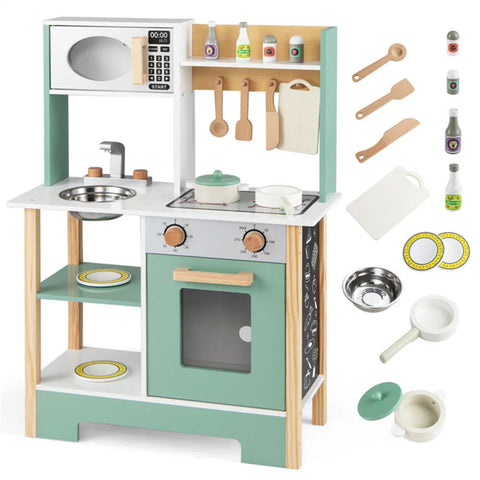 Kids Wooden Play Kitchen With 13 Accessories