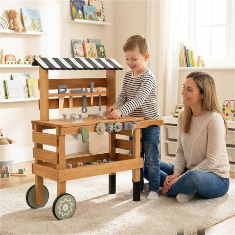 2-in-1 Wooden Kids Tool Bench & Rolling Cart Toy for Toddlers