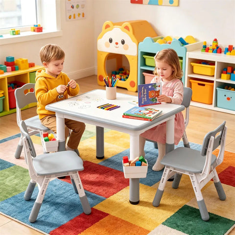 Height Adjustable Kids Desk and 4 Chairs Set with Storage