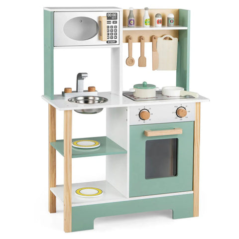 Kids Wooden Play Kitchen With 13 Accessories