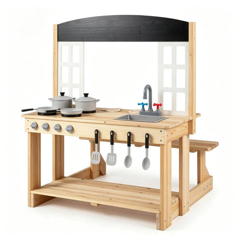 Kids Wooden Mud Kitchen Playset with Bench & Removable Sink