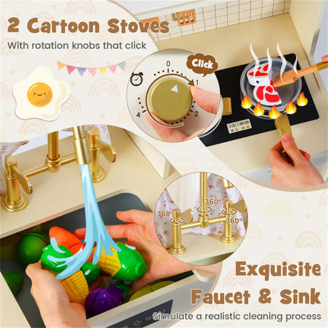 Wooden Kids Play Kitchen with Rotatable Faucet & 14 Accessories