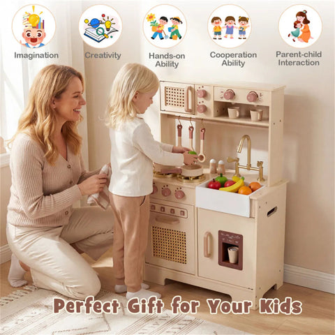 Kids Wooden Play Kitchen With Pretend Ice Maker