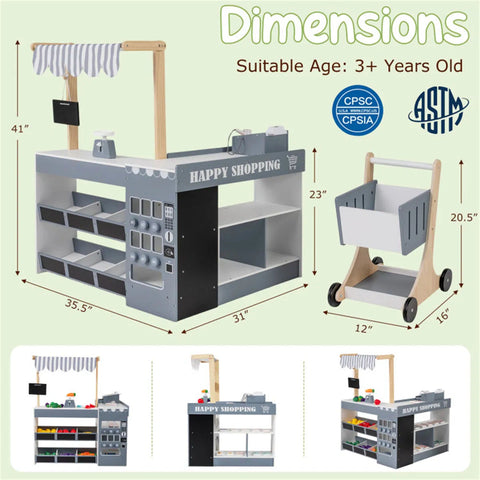 Gray Wooden Kids Supermarket Playset with Vending Machine