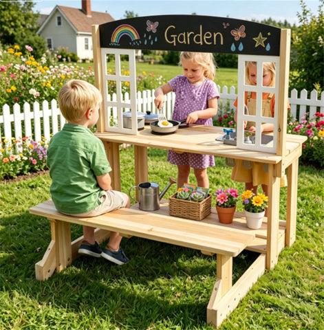 Kids Wooden Mud Kitchen Playset with Bench & Removable Sink