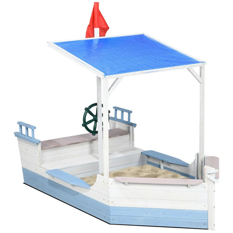 Kids Wooden Pirate Boat Sandbox with Canopy and Bench