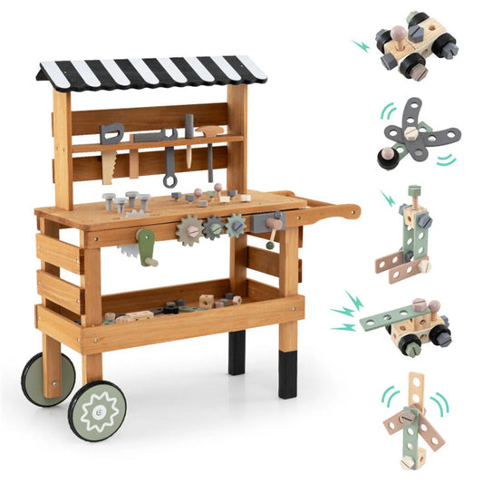 2-in-1 Wooden Kids Tool Bench & Rolling Cart Toy for Toddlers