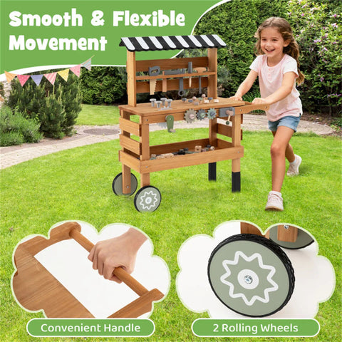 2-in-1 Wooden Kids Tool Bench & Rolling Cart Toy for Toddlers
