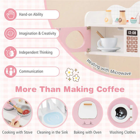 Kids Pretend Play Wooden Kitchen and Coffee Maker Playset