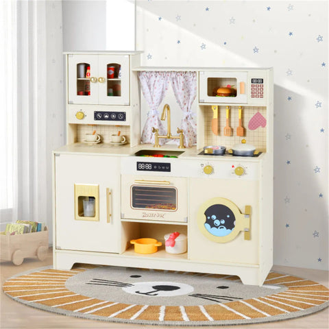 Wooden Kids Play Kitchen with Rotatable Faucet & 14 Accessories