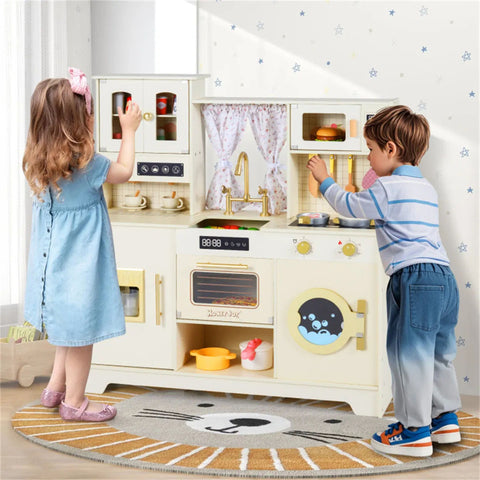 Wooden Kids Play Kitchen with Rotatable Faucet & 14 Accessories