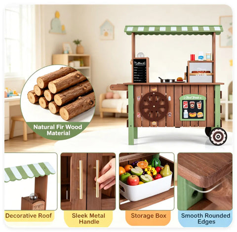 Toddler Wooden Play Food Truck Cart on Wheels