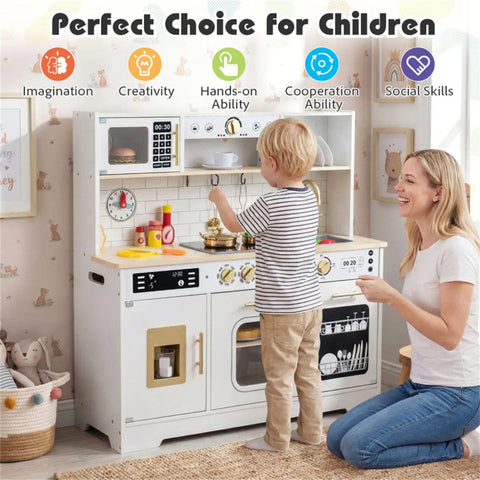 Kids Wooden Play Kitchen With Pretend Ice Maker
