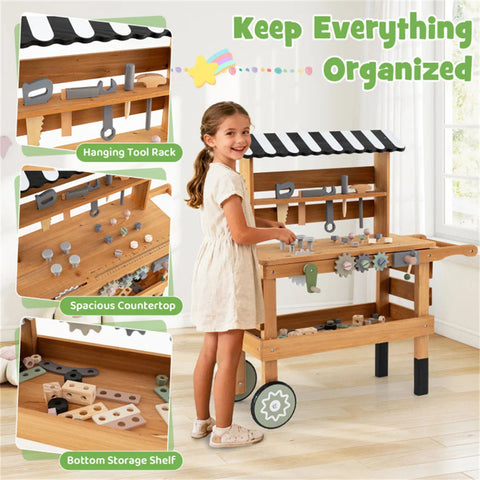 2-in-1 Wooden Kids Tool Bench & Rolling Cart Toy for Toddlers