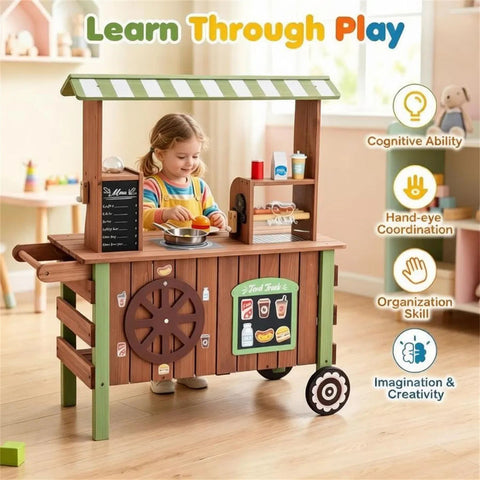 Toddler Wooden Play Food Truck Cart on Wheels