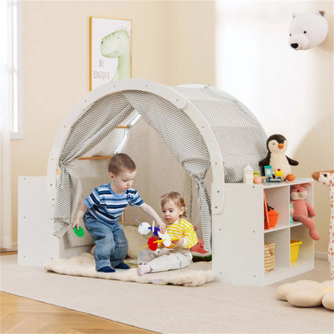 Indoor Kids Wooden Playhouse with Storage Cubbies