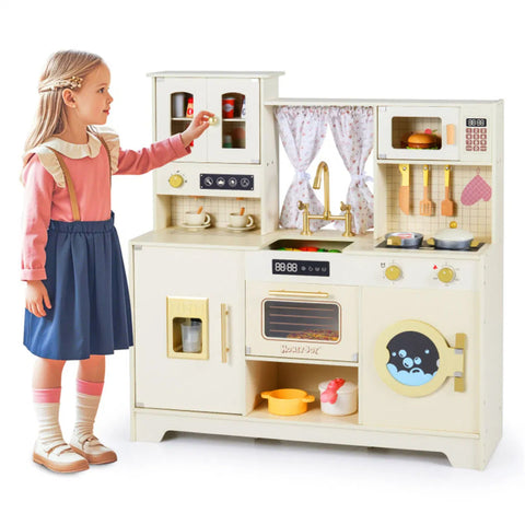 Wooden Kids Play Kitchen with Rotatable Faucet & 14 Accessories