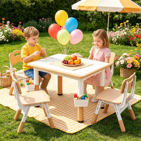 Height Adjustable Kids Desk and 4 Chairs Set with Storage