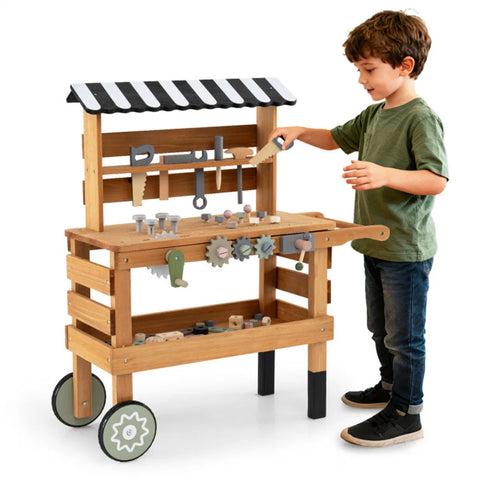 2-in-1 Wooden Kids Tool Bench & Rolling Cart Toy for Toddlers