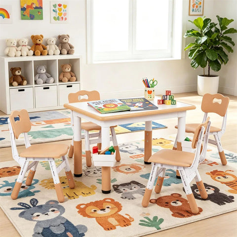 Height Adjustable Kids Desk and 4 Chairs Set with Storage