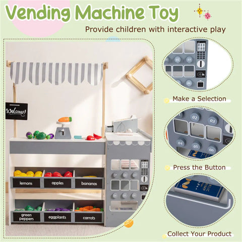 Gray Wooden Kids Supermarket Playset with Vending Machine