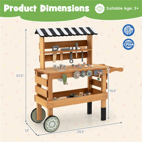 2-in-1 Wooden Kids Tool Bench & Rolling Cart Toy for Toddlers