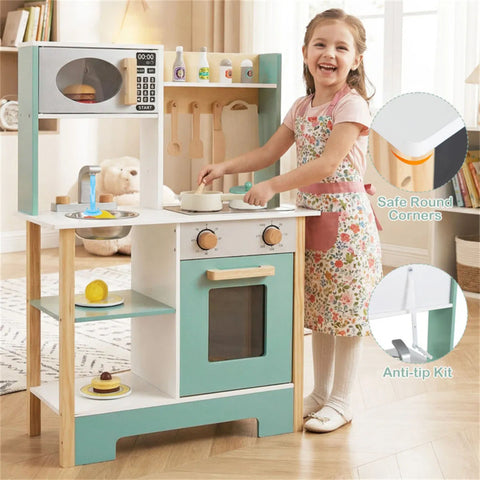 Kids Wooden Play Kitchen With 13 Accessories