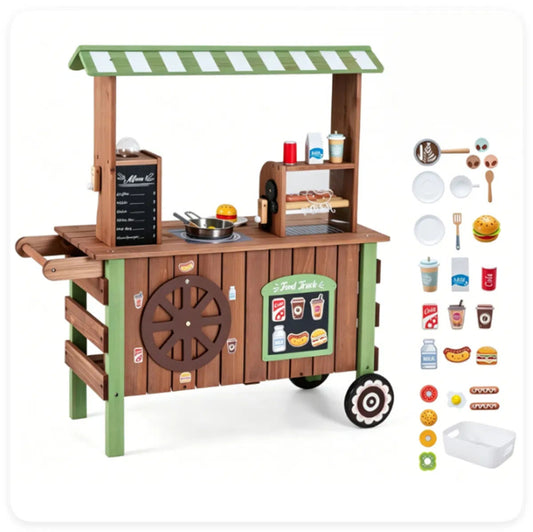 Toddler Wooden Play Food Truck Cart on Wheels