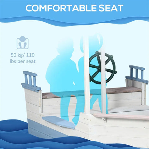 Kids Wooden Pirate Boat Sandbox with Canopy and Bench