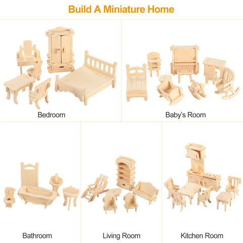 34-Piece 3D Wooden Dollhouse Furniture Miniature Puzzle Set