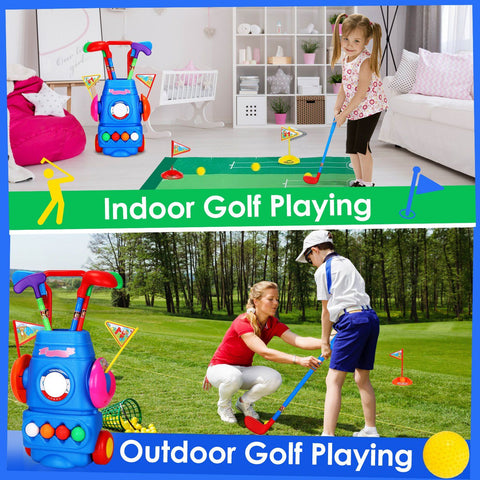 Kids Golf Club Set With Portable Golf Cart