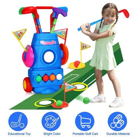Kids Golf Club Set With Portable Golf Cart