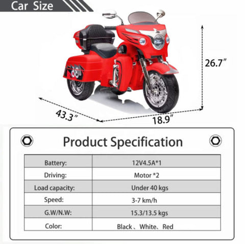 12V 2-Seat Electric Ride-On Motorcycle with 3 Wheels and Storage Box